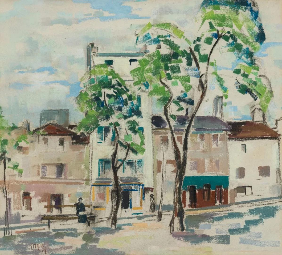 1929-3-Sur-le-banc-rue-animée