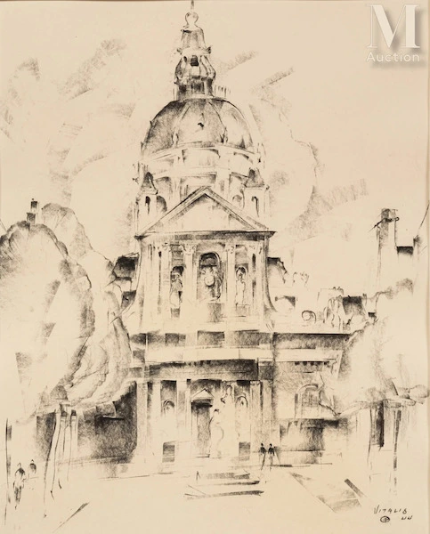 1944 10 La chapelle de la Sorbonne Fusain et estompe sur papier 46X36 signe datee bas droite