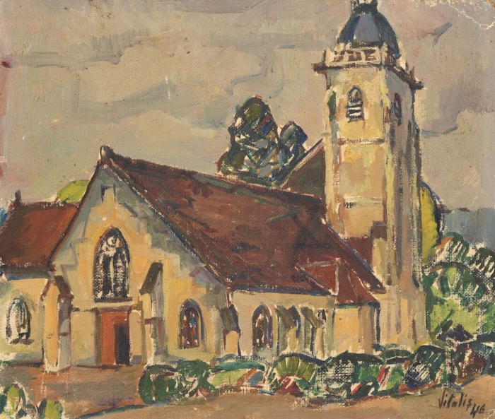 1946 17 eglise Macario VITALIS 1898 1990 Eglise de Locquirec Huile sur toile contrecollee sur isorel Signe et date 46 en bas a droite 25.5 x 30 cm